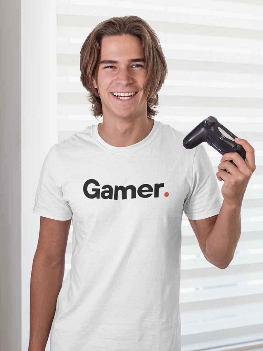 Boy wearing Gamer - Minimalist White Cotton  T-Shirt