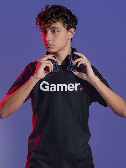 Boy wearing Gamer - Minimalist Black Cotton  T-Shirt