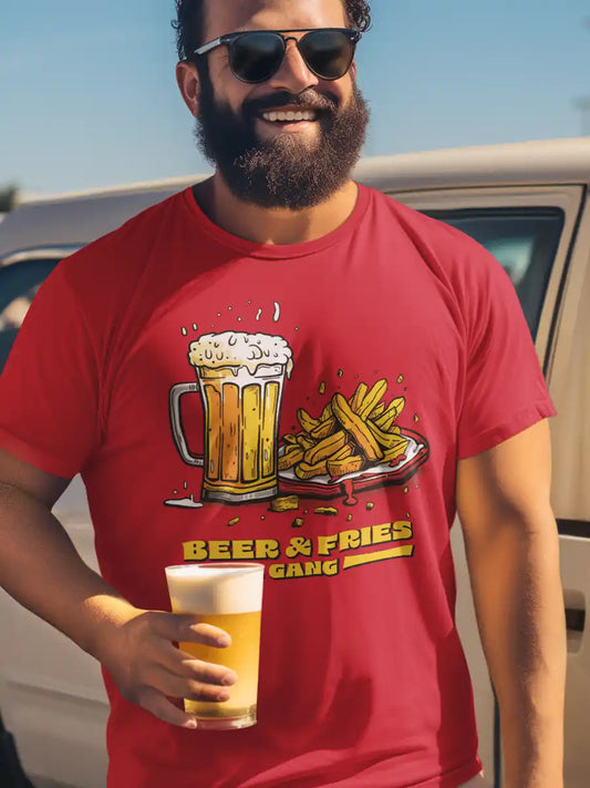 Man wearing Beer & Fries Gang - Men's Red Cotton T-Shirt