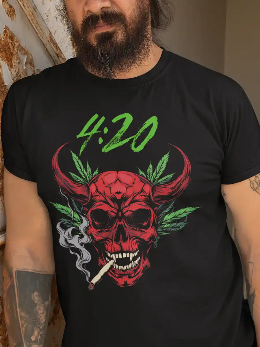 Man wearing 420 - Red Skull - Black Men's T-Shirt