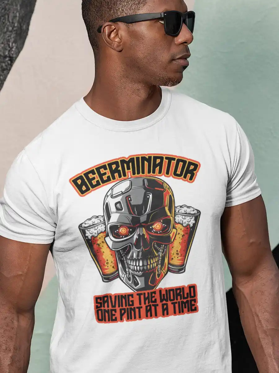 Man wearing BEERMINATOR - White Men's T-Shirt