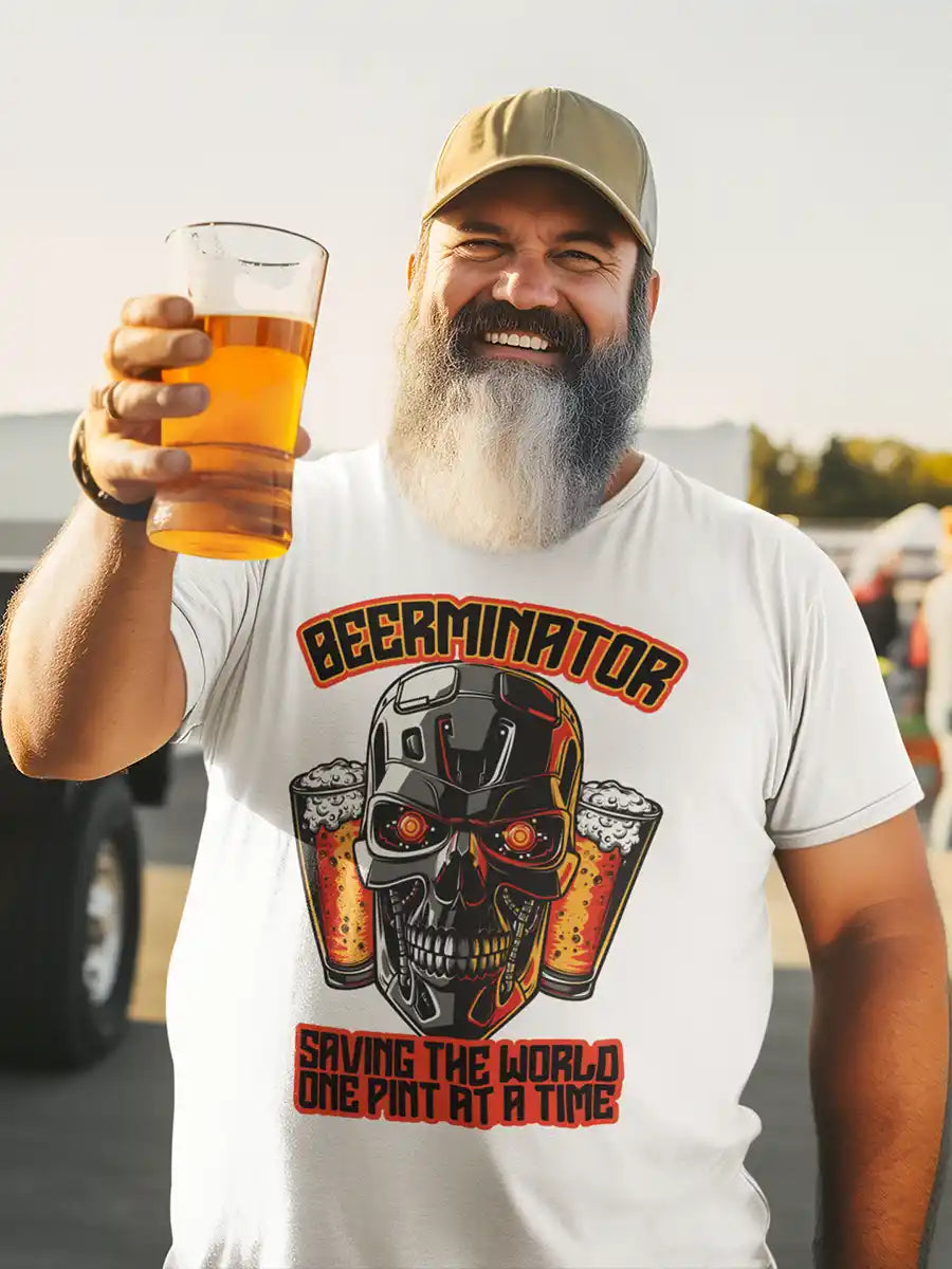 Man wearing BEERMINATOR - White Men's T-Shirt