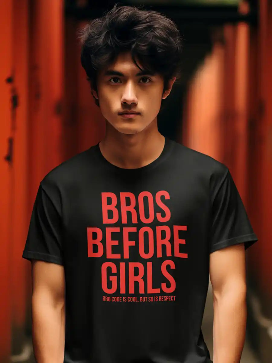 Man wearing Bros before Girls - Men's Black Cotton T-Shirt