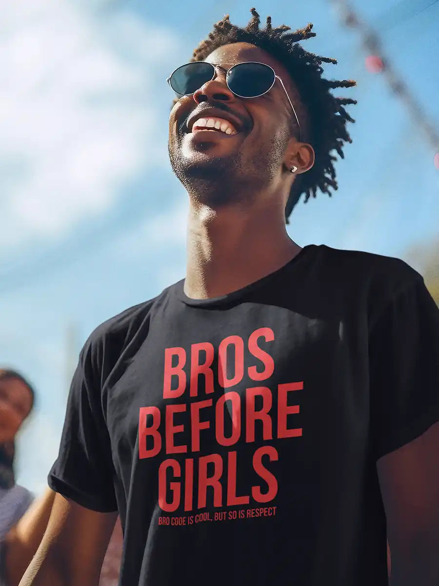 Man wearing Bros before Girls - Men's Black Cotton T-Shirt