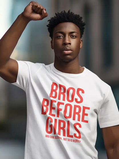 Man wearing Bros before Girls - Men's White Cotton T-Shirt