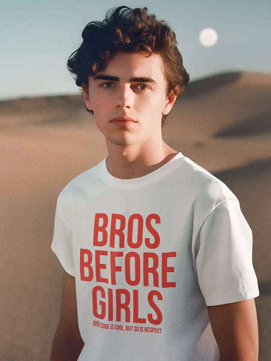 Man wearing Bros before Girls - Men's White Cotton T-Shirt