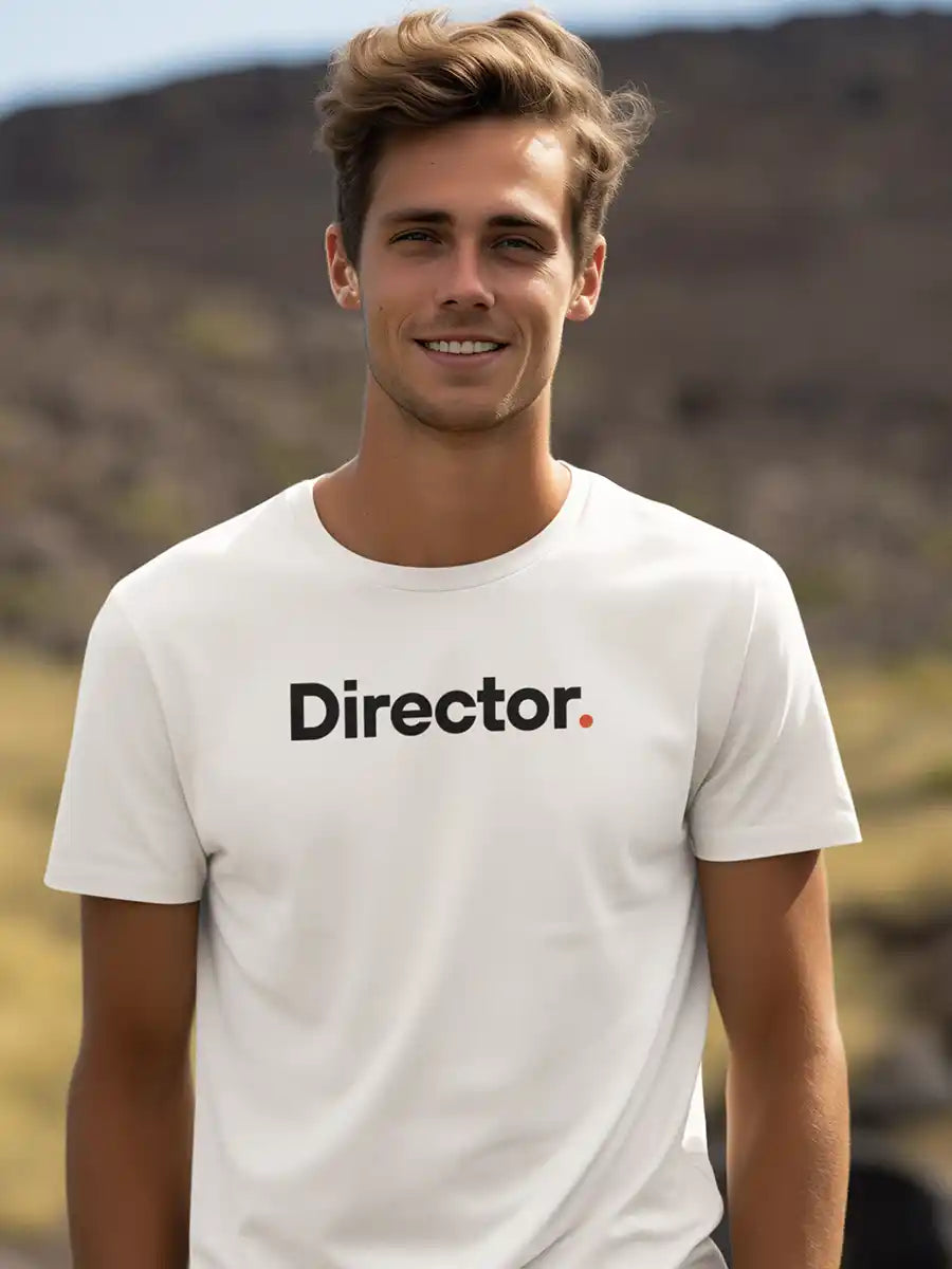 Man wearing Director - White Minimalist Men's Cotton T-Shirt