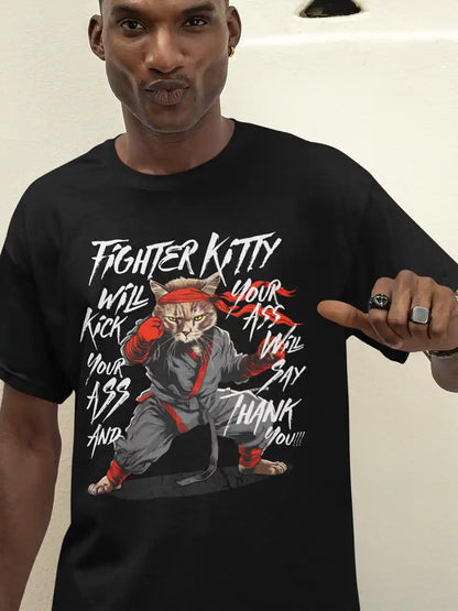 Man wearing Fighter Kitty - Men's Black Cotton T-Shirt