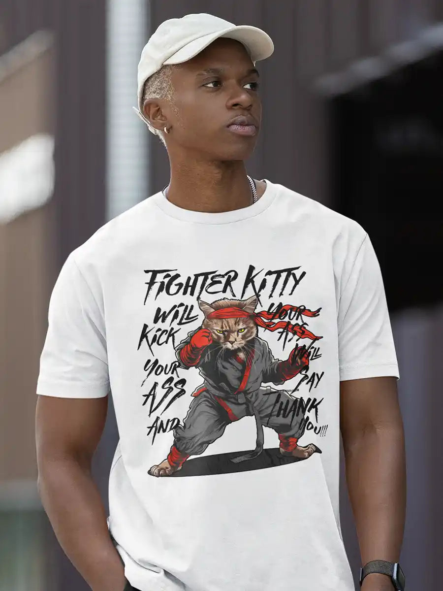 Man wearing Fighter Kitty - Men's White Cotton T-Shirt