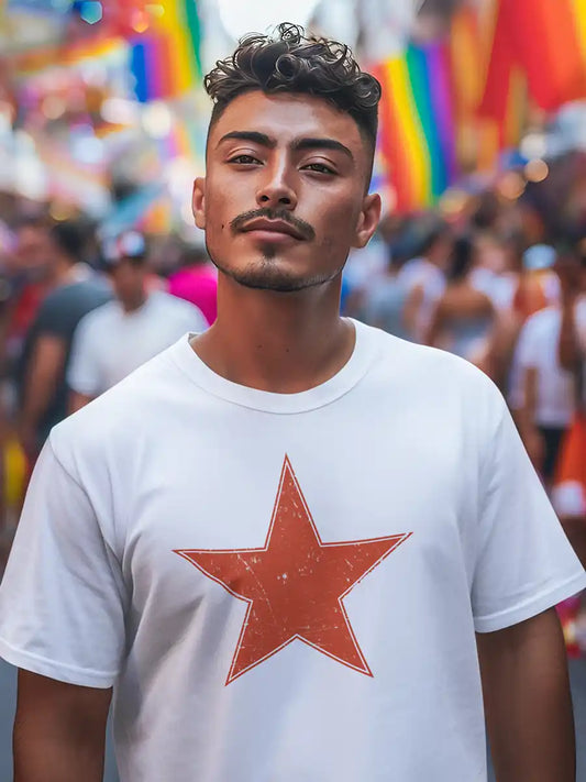 Man wearing Gochi Star - Men's White Cotton T-Shirt