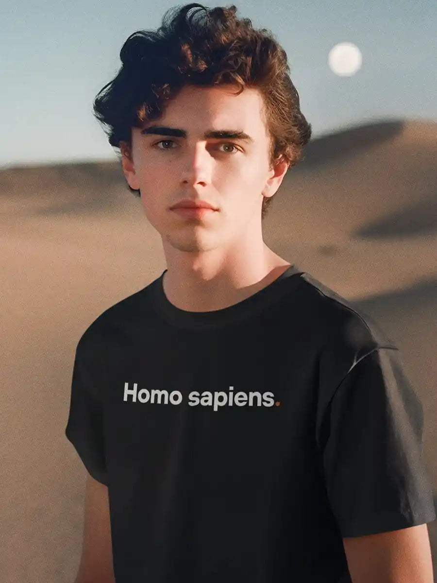 Man wearing Homo sapiens - Minimalist Black Cotton T-Shirt