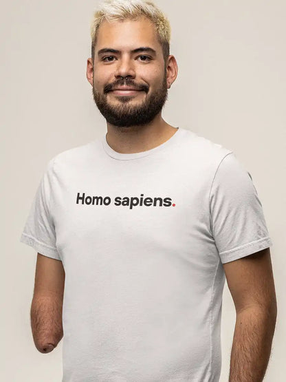 Man wearing Homo sapiens - Minimalist White Cotton T-Shirt