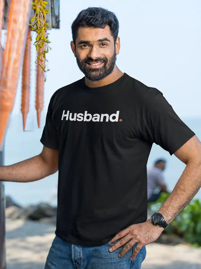 Man wearing Husband - Minimalist Black Cotton T-Shirt