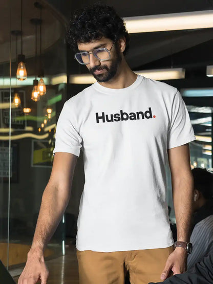 Man wearing Husband - Minimalist White Cotton T-Shirt