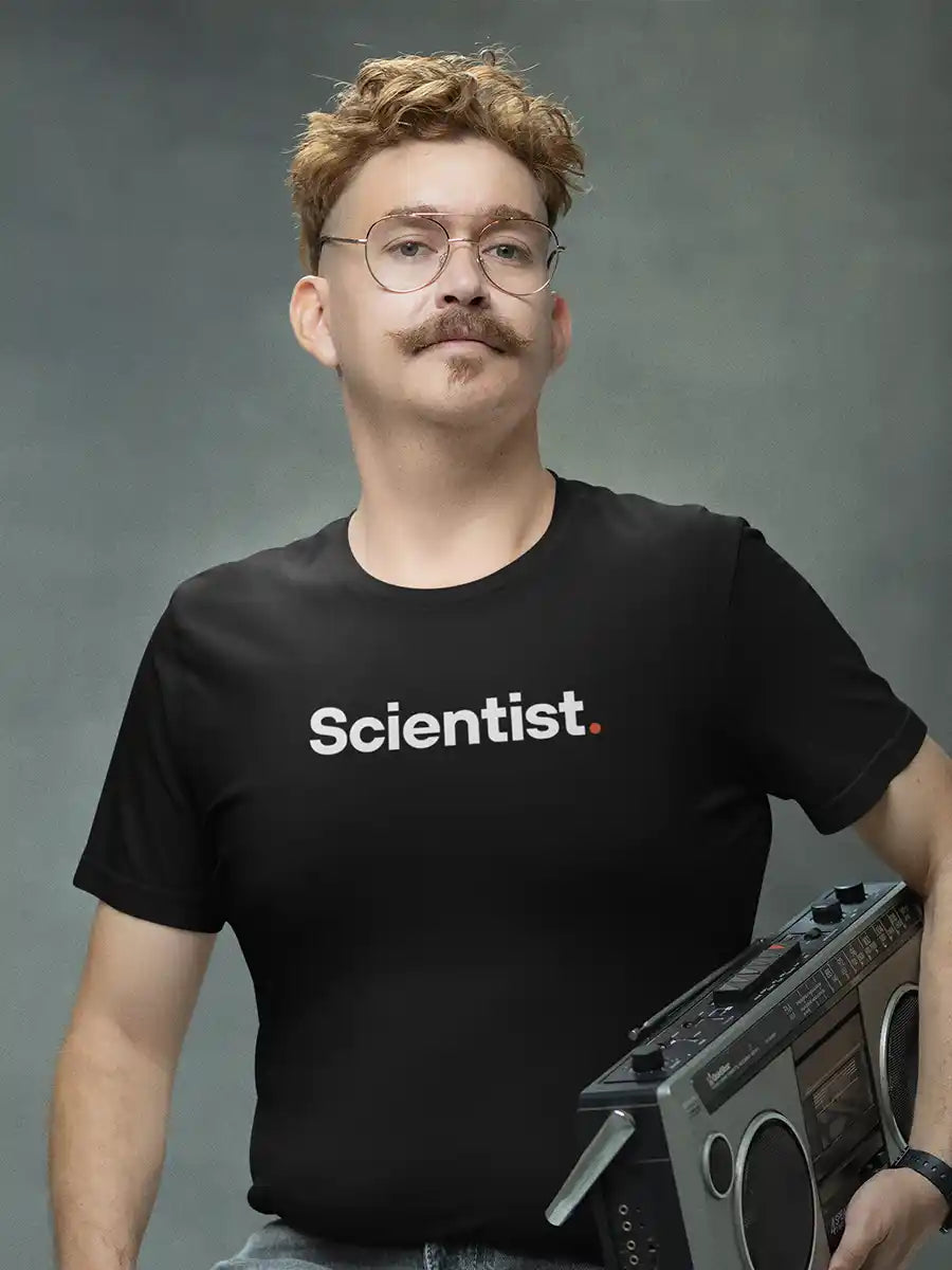 Man wearing Man wearing Scientist - Minimalist Black Cotton T-Shirt