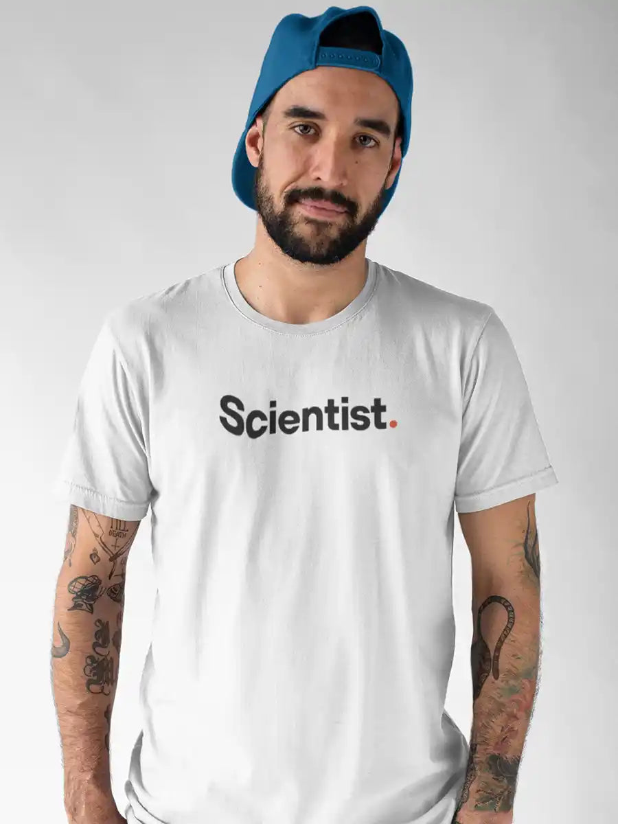 Man wearing Man wearing Scientist - Minimalist White Cotton T-Shirt