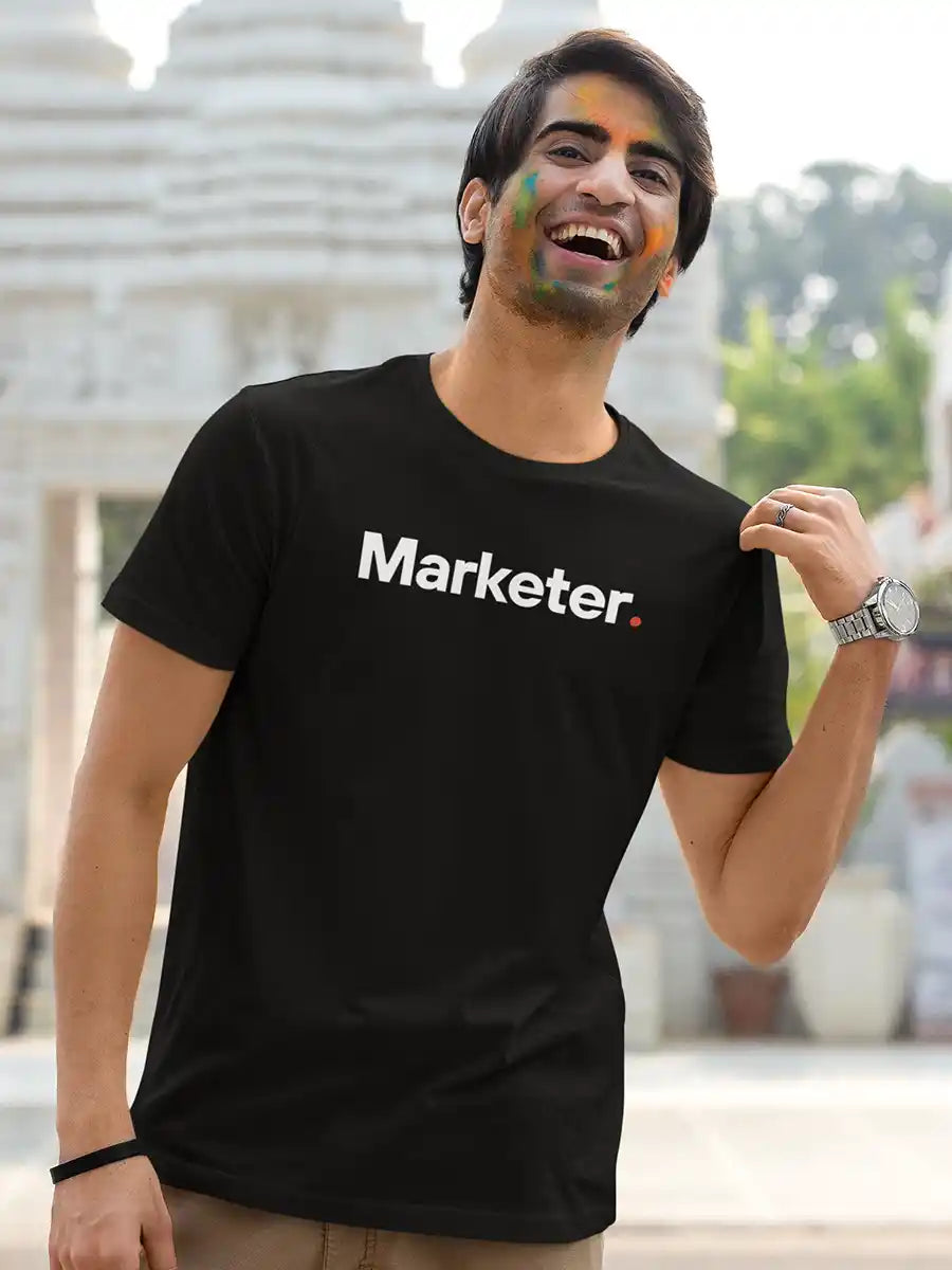 Man wearing Marketer - Minimalist Black Cotton T-Shirt