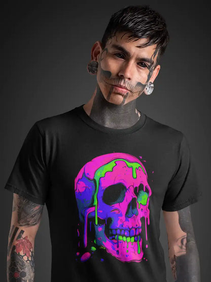 Man wearing Neon Skull Meltdown - Men's Black Cotton T-Shirt