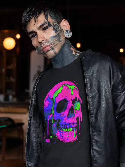 Man wearing Neon Skull Meltdown - Men's Black Cotton T-Shirt