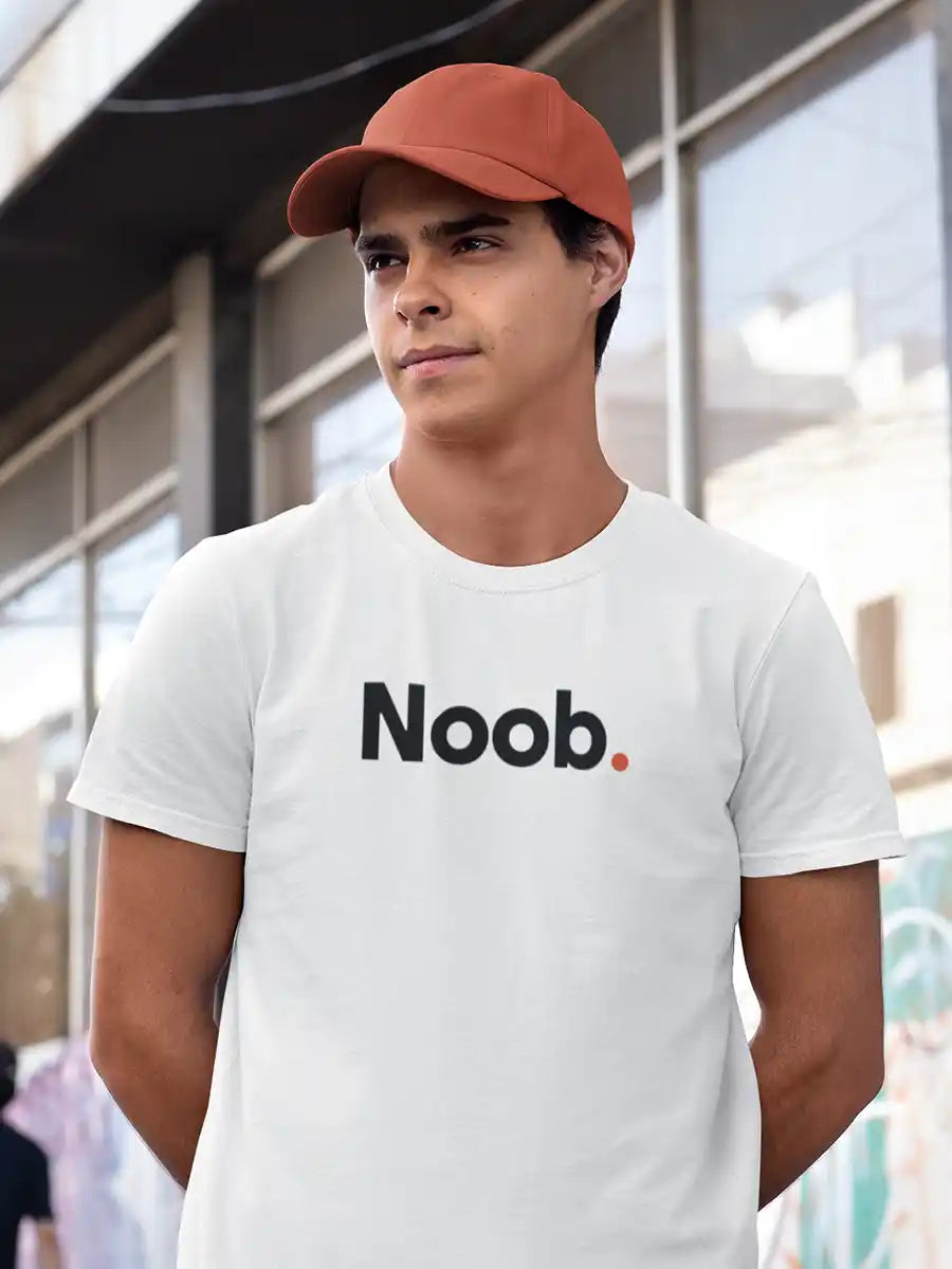 Man wearing Noob - Minimalist White Cotton T-Shirt
