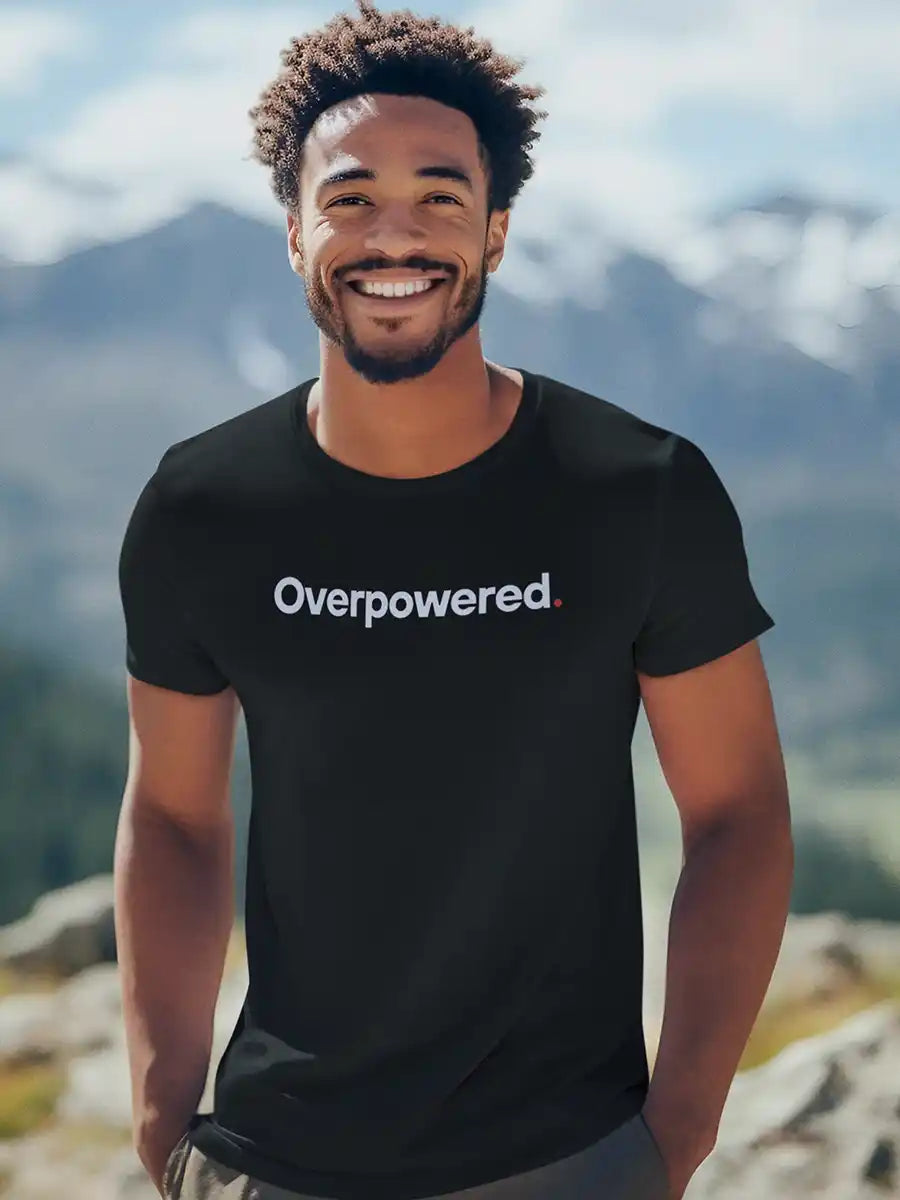 Man wearing Overpowered - Minimalist Black Cotton T-Shirt