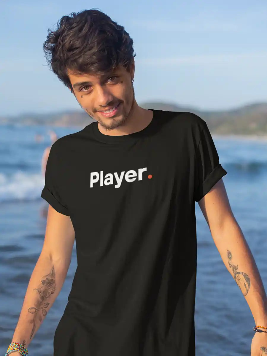 Man wearing Player - Minimalist Black Cotton T-Shirt