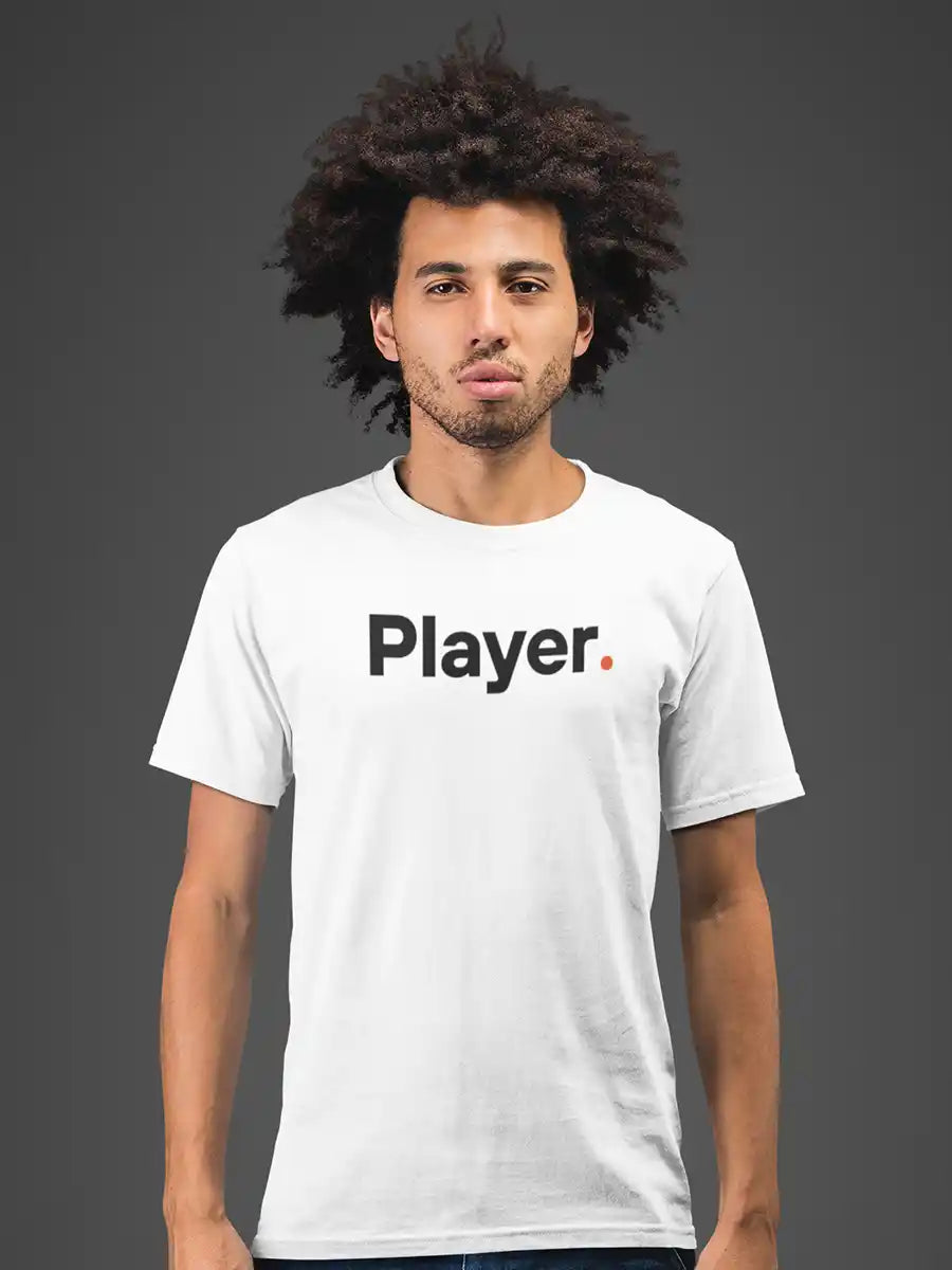 Man wearing Player - Minimalist White Cotton T-Shirt