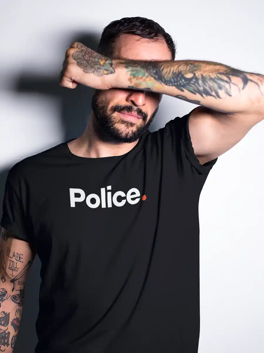 Man wearing Police - Minimalist Black Cotton T-Shirt