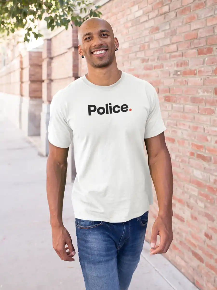 Man wearing Police - Minimalist White Cotton T-Shirt