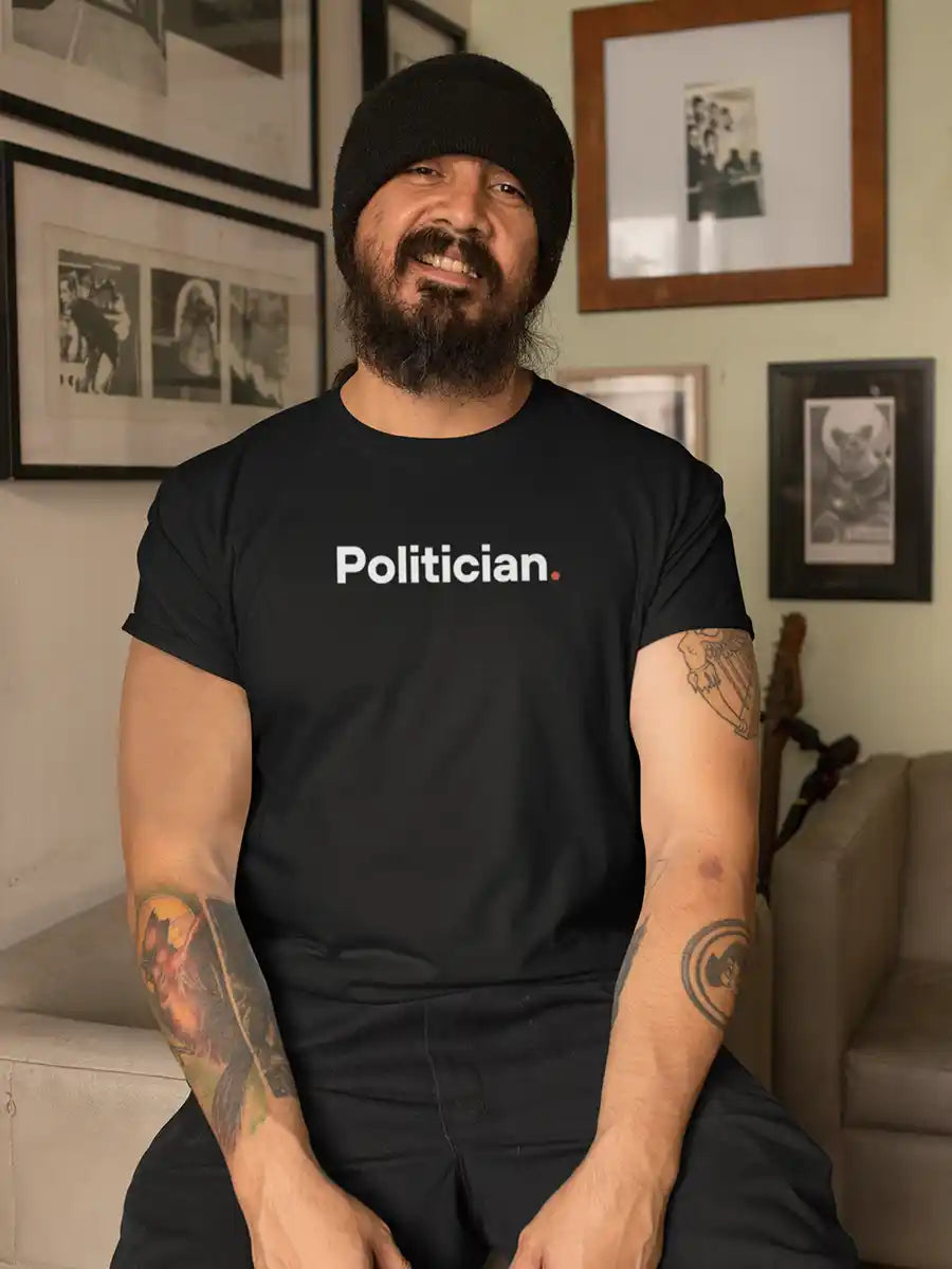 Man wearing Politician - Minimalist Black Cotton T-Shirt