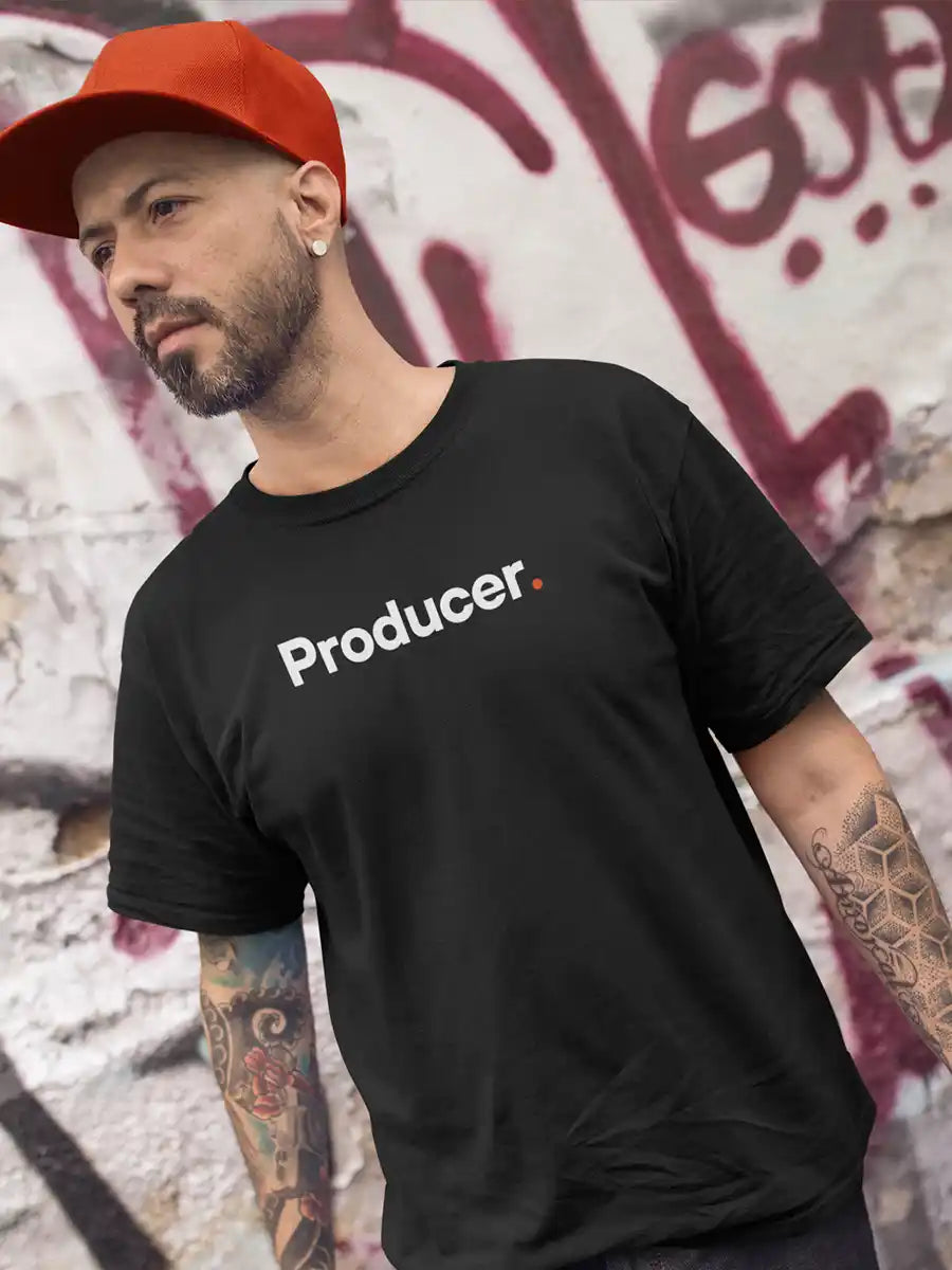 Man wearing Producer - Minimalist Black Cotton T-Shirt