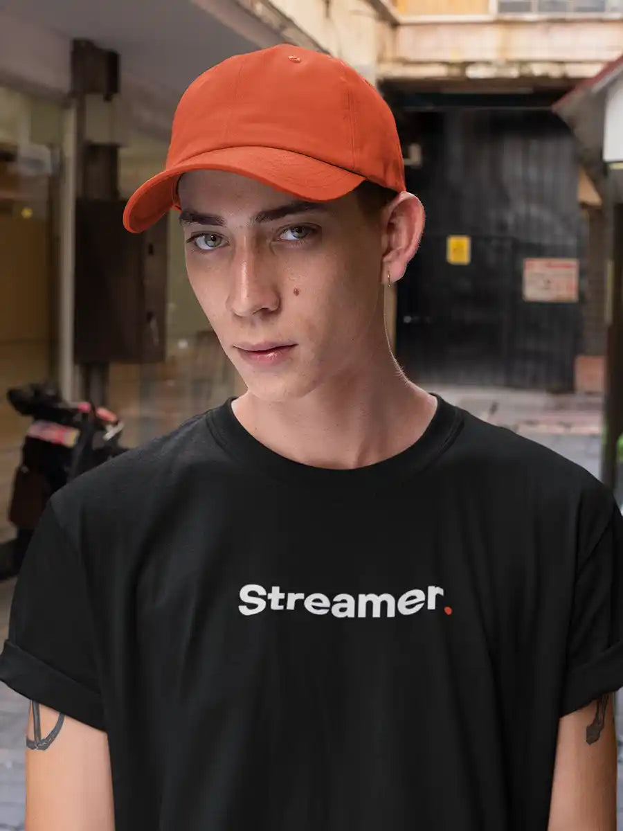 Man wearing Streamer - Minimalist Black Cotton T-Shirt