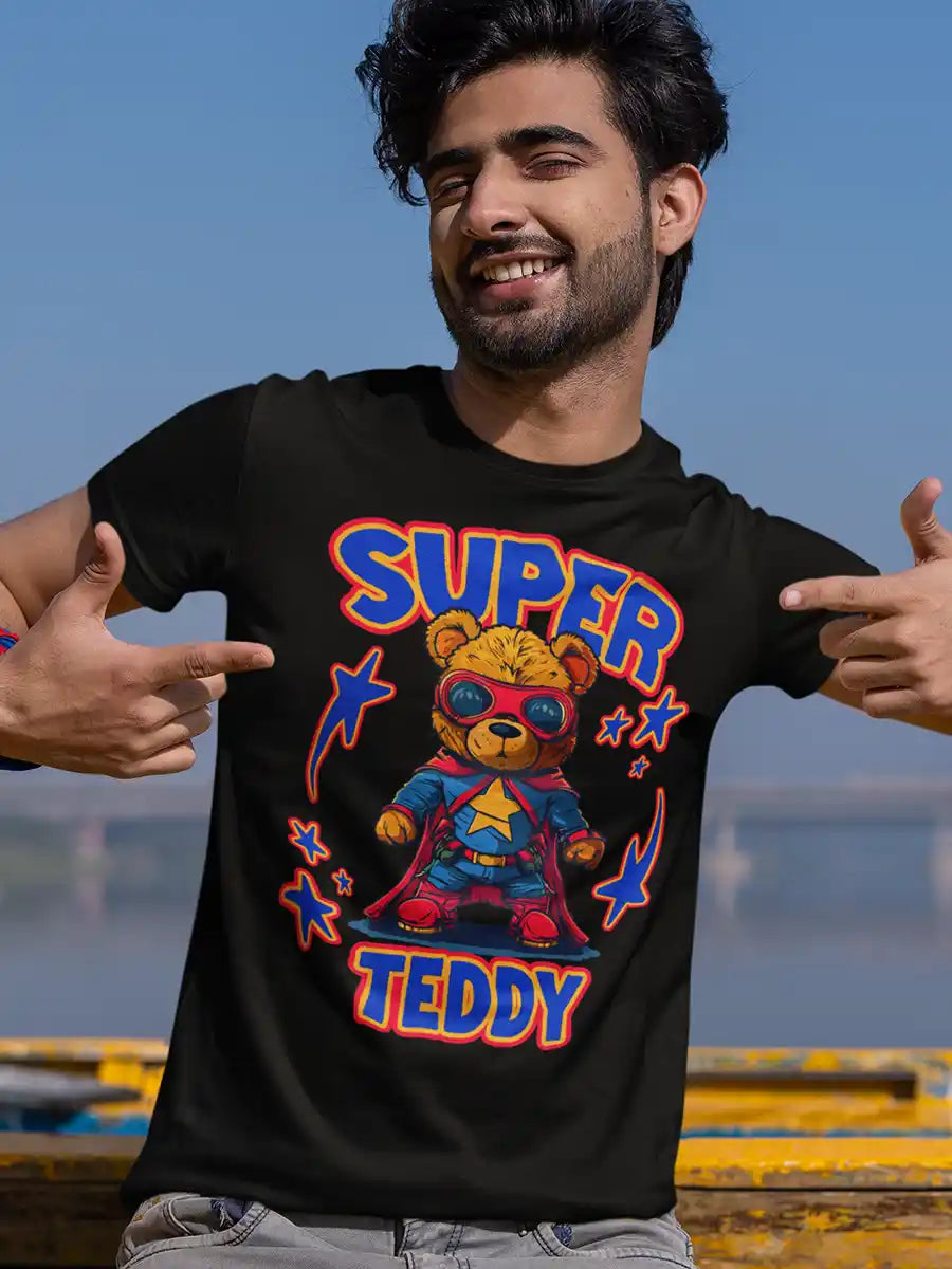 Man wearing Super Teddy - Men's  Black Cotton T-Shirt