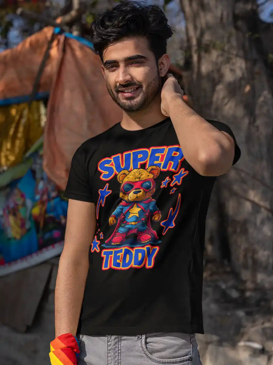 Man wearing Super Teddy - Men's  Black Cotton T-Shirt