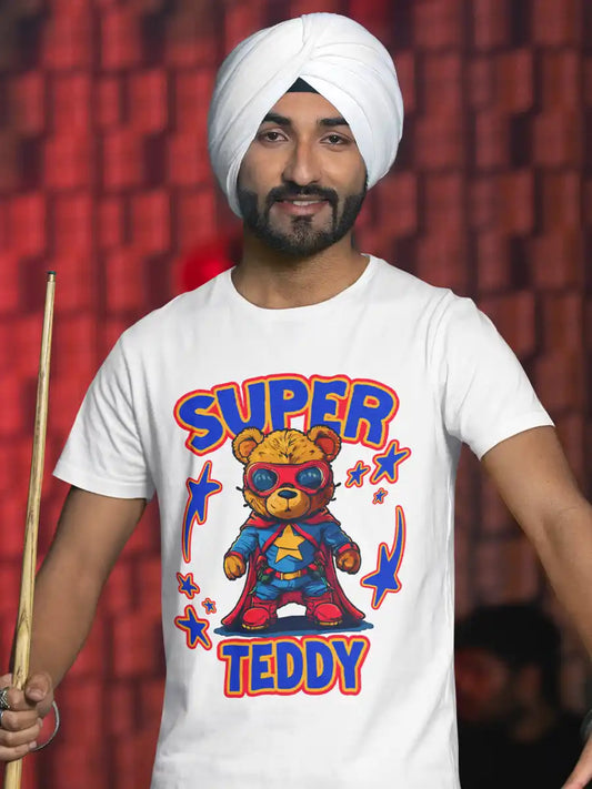 Man wearing Super Teddy - Men's  White Cotton T-Shirt