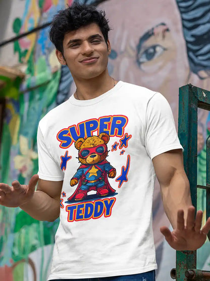 Man wearing Super Teddy - Men's  White Cotton T-Shirt