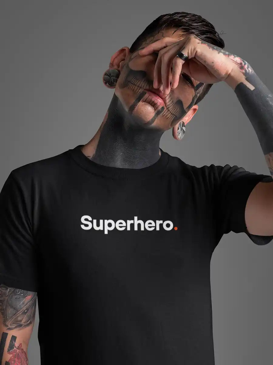 Man wearing Superhero - Minimalist Black Cotton T-Shirt