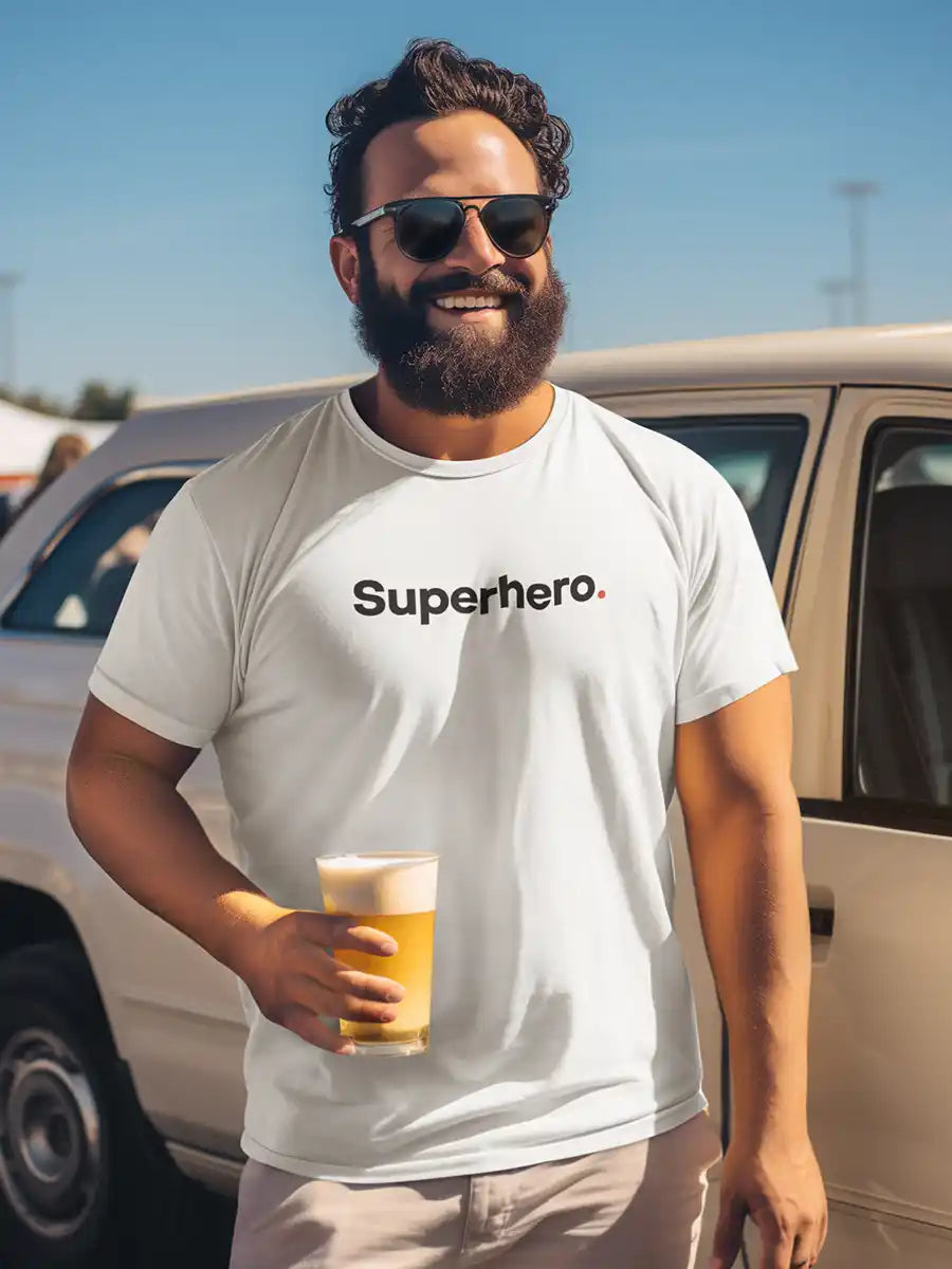 Man wearing Superhero - Minimalist White Cotton T-Shirt