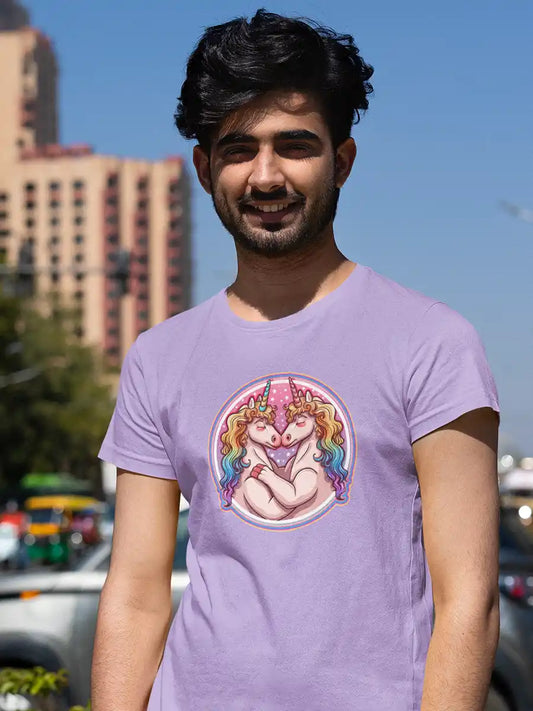 Man wearing UNICORN LOVE - Men's Iris Lavender Cotton T-Shirt