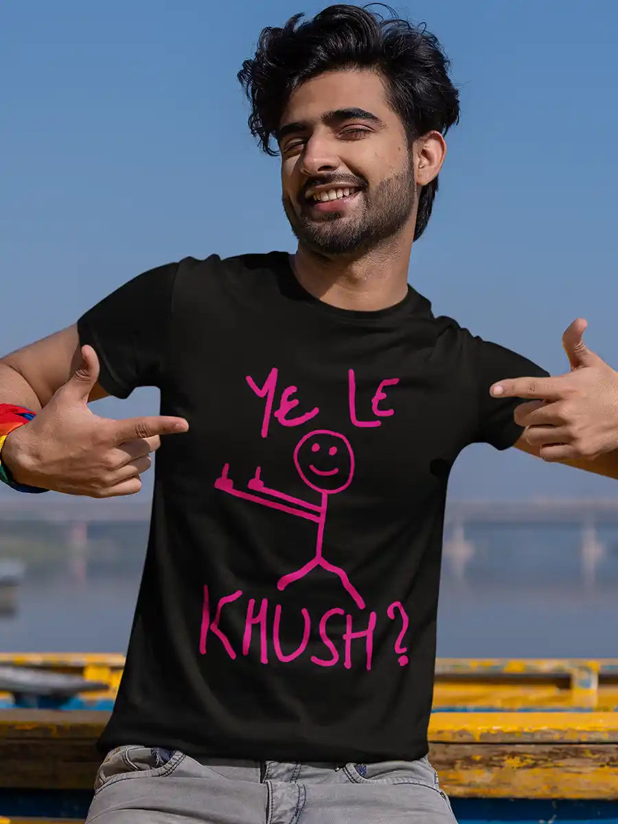 Man wearing Ye Le Khush - Stick Figure - Men's BlackCotton T-Shirt