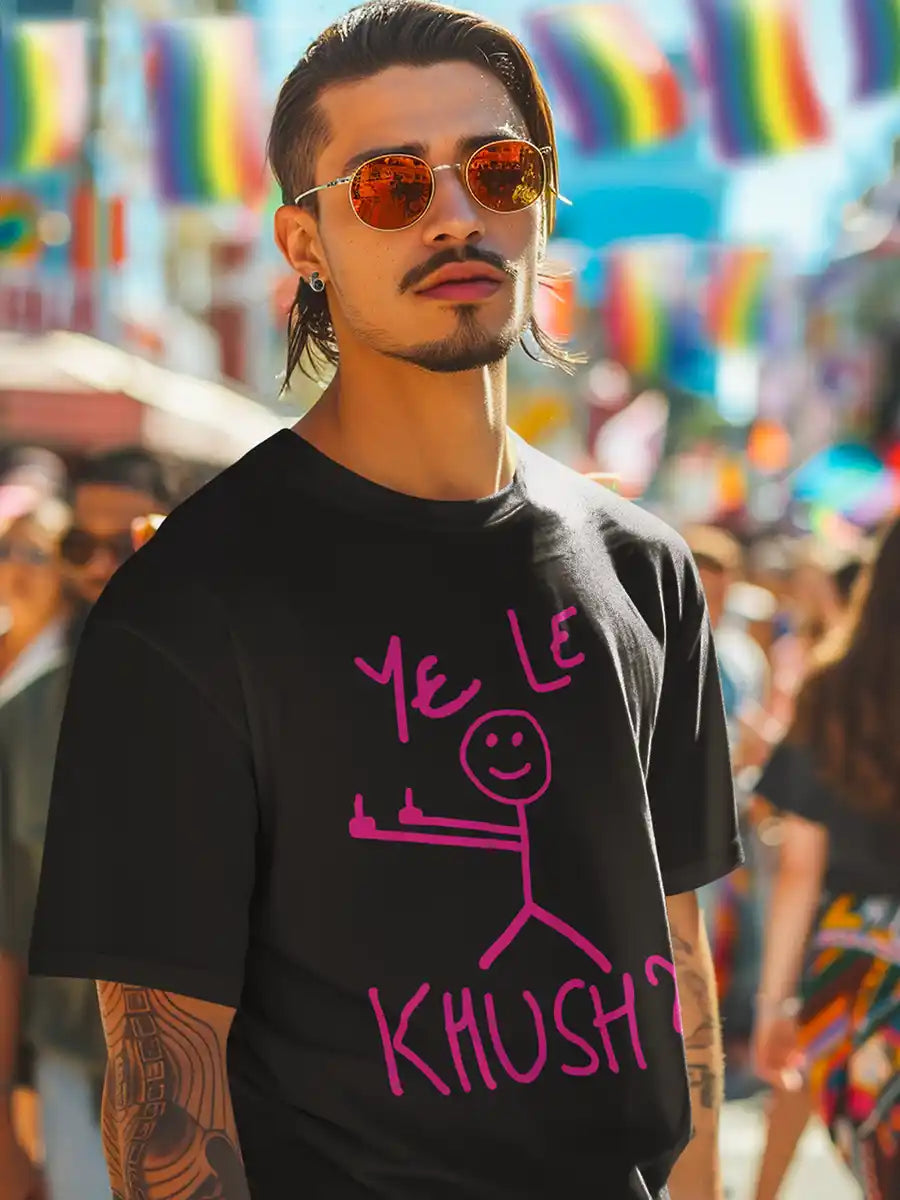 Man wearing Ye Le Khush - Stick Figure - Men's Black Cotton T-Shirt