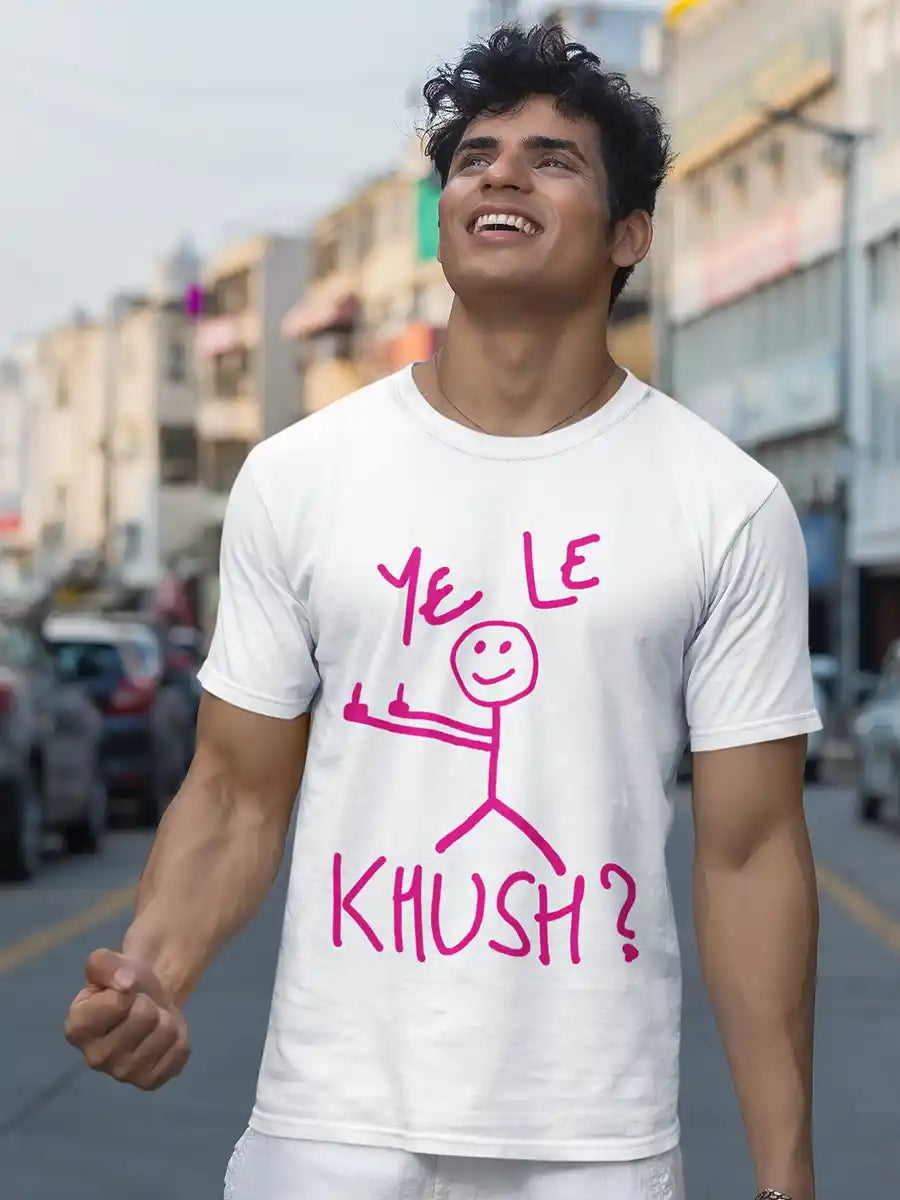 Man wearing Ye Le Khush - Stick Figure - Men's White Cotton T-Shirt