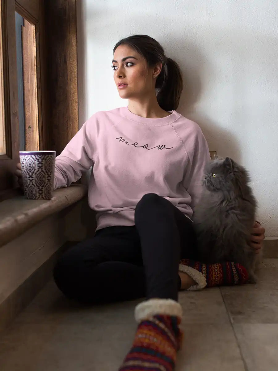 Woman wearing Meow - Light Pink Cotton Sweatshirt