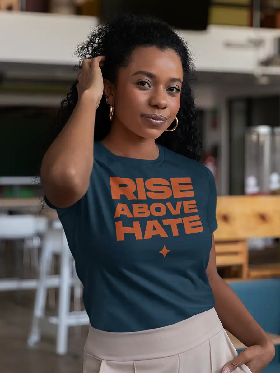 Woman Wearing RISE ABOVE HATE- Women's Navy Blue Cotton T-Shirt 