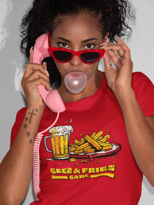 Woman wearing Beer & Fries Gang - Women's Red Cotton T-Shirt