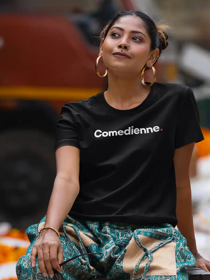 Woman wearing Comedienne - Minimalist Black Cotton T-Shirt