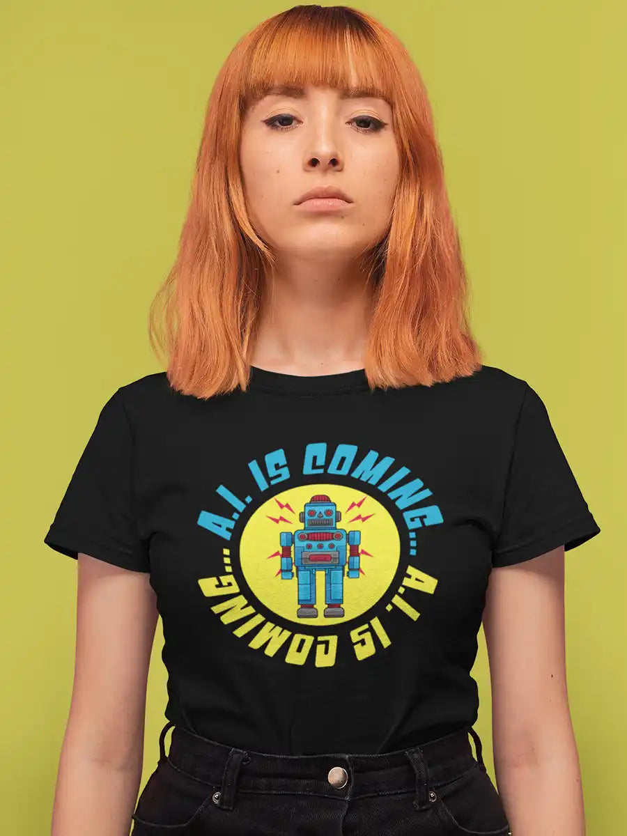 Woman wearing AI is coming - Women's Black Cotton T-Shirt