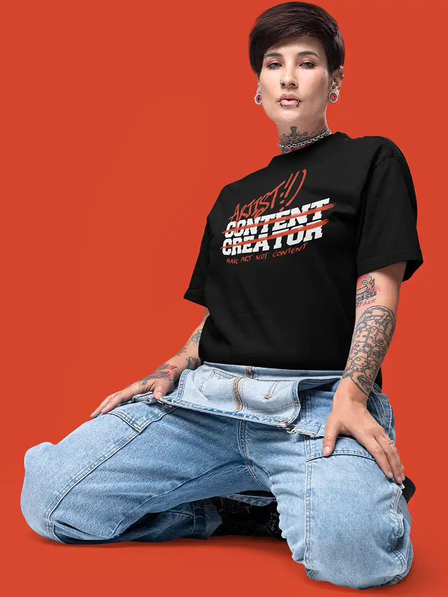 Woman wearing Artist, not Content Creator - Oversized Black Cotton T-Shirt