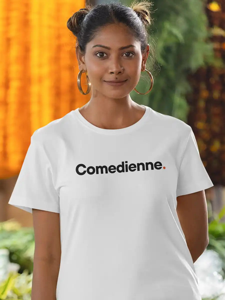 Woman wearing Comedienne - Minimalist White Cotton T-Shirt