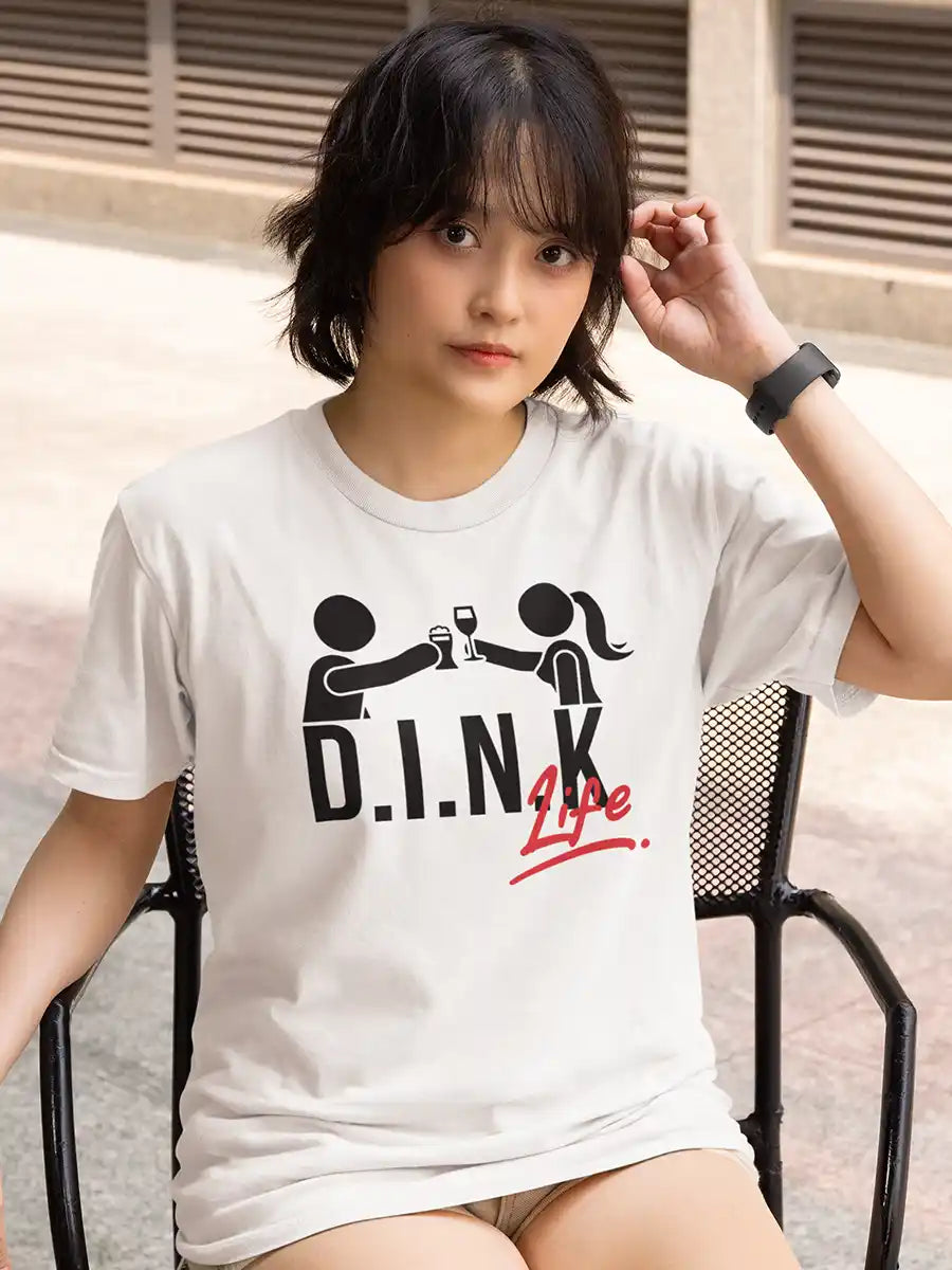 Woman wearing DINK Life - Men's White Cotton T-Shirt